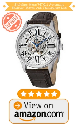 Stuhrling Men's 747.011 Automatic Skeleton Watch with Transparent Dial Stainless Steel Case On Brown Leather Strap